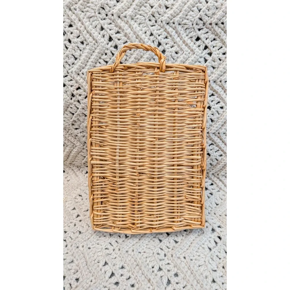 Vintage Woven Wicker Wall Hanging Basket Flat Back Rattan Pocket Farmhouse Decor